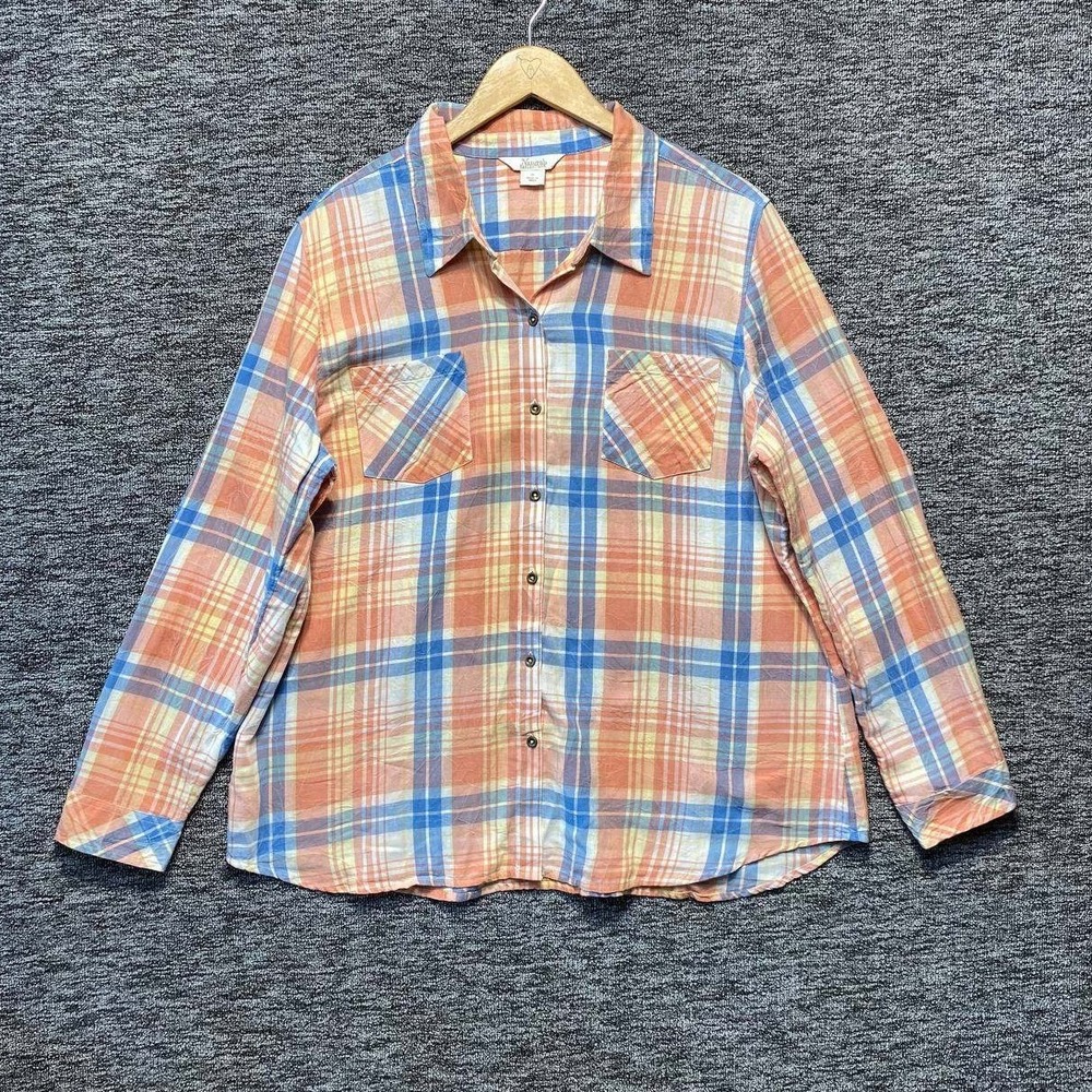 Natural Reflections Button Up Shirt Womens XL Orange Blue Plaid Cotton Outdoor